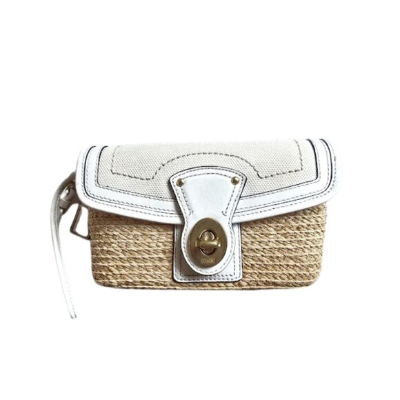 Coach Handbags - Coach Raffia Summertime White / Gold Leather Turn Buckle Wristlet Clutch
